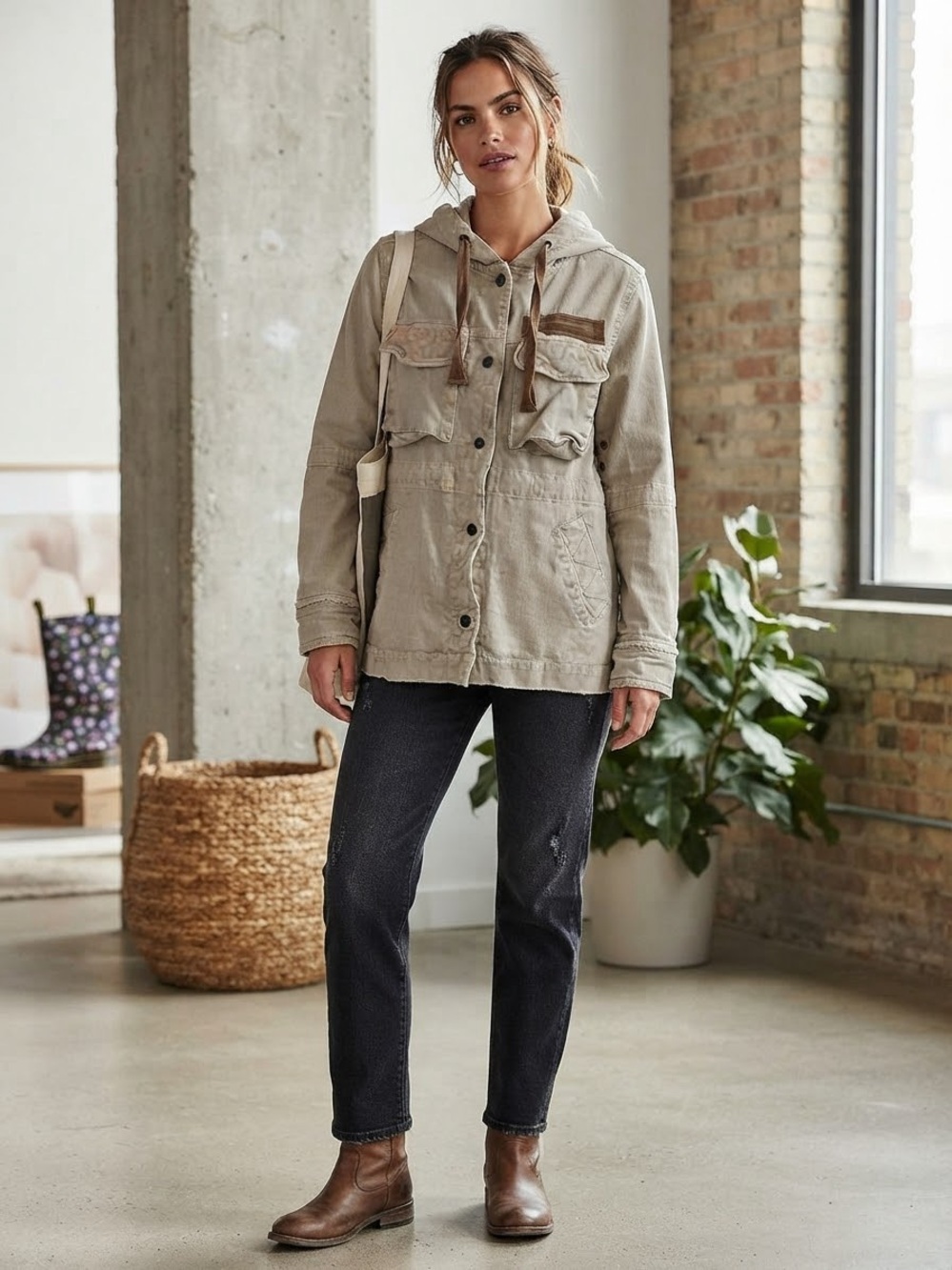 We The Free Hooded Utility Jacket in Taupe small oversized